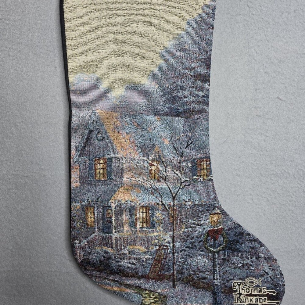 Thomas Kinkade Tapestry Christmas Stocking w Light Pole and Wreath Appx 18" Long